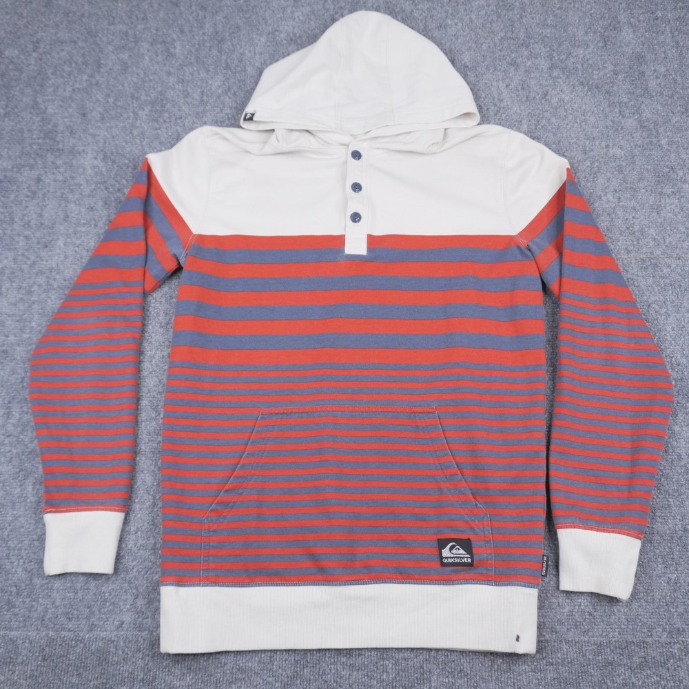Quiksilver Henley Hoodie Mens Small Red Blue Striped Colorblock Button Pullover